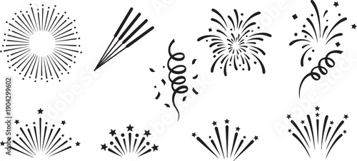 Set of Black Firework Icons and Celebration Burst Symbols, Vector Rocket Launches, Starry Explosions, and Festive Sparkler Elements for Event Design