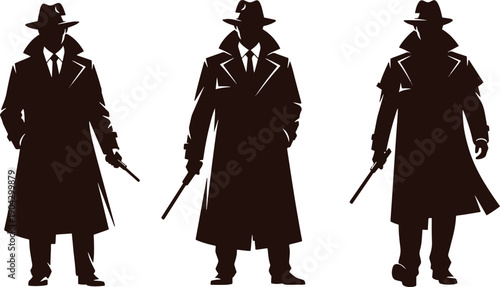 Three black silhouettes of men in hats and coats holding guns