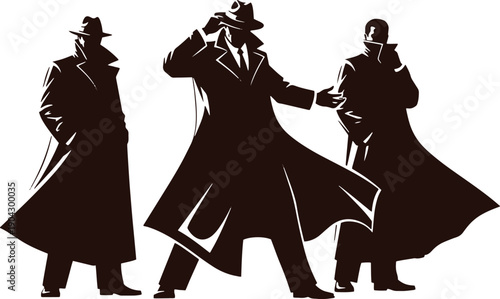 Three men in trench coats and hats in black silhouette
