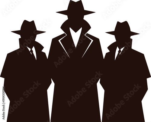 Three men in suits and hats in silhouette silhouettes