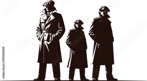 Three men in trench coats and hats standing silhouettes
