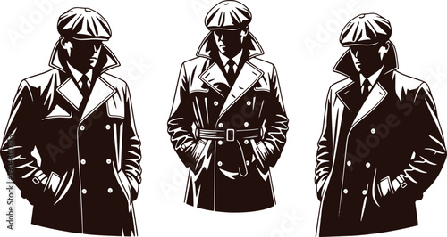Three silhouettes of men wearing coats and hats monochrome