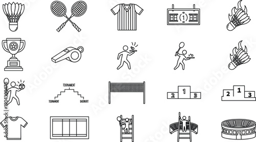 Badminton Tournament Line Icon Set with Players Equipment Court Net Trophy and Match Symbols for Sports Event Designs