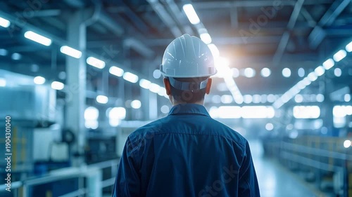 ヘルメット姿の作業員が工場内を歩く背中姿が産業現場の日常を伝える表現