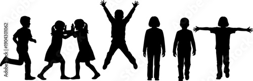 Children silhouettes set, kids playing running jumping poses, isolated black vector illustration, childhood activity concept design