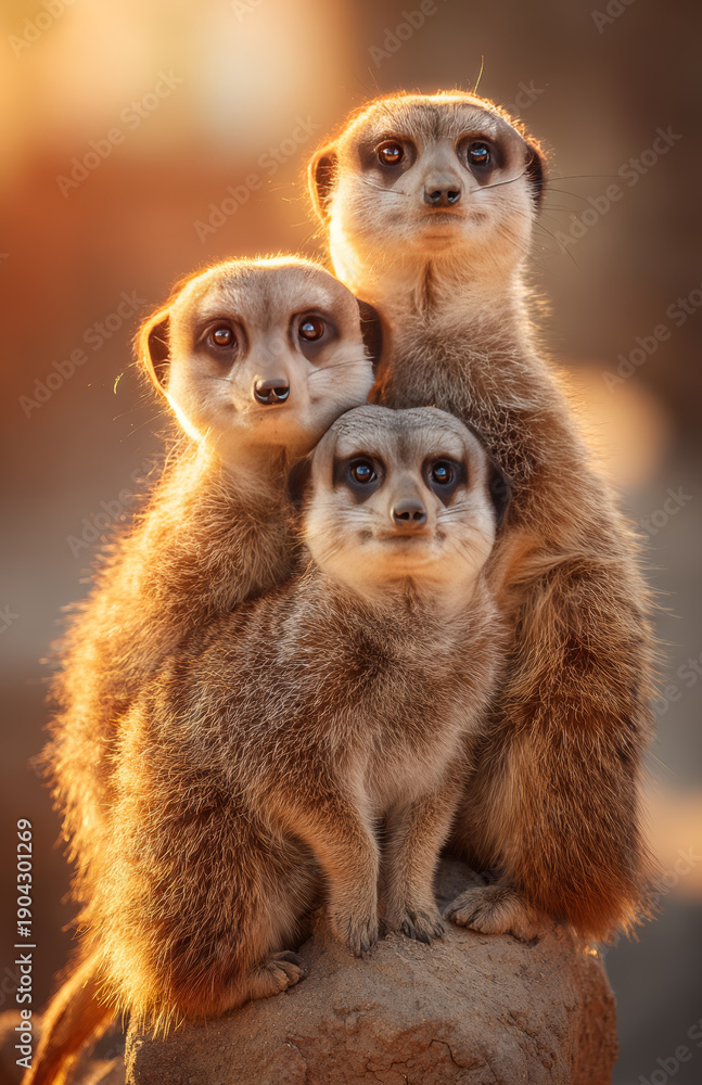 Fototapeta premium Three adorable meerkats with alert expressions, sitting on a rocky surface in warm sunlight, showcasing their soft, textured fur and curious nature