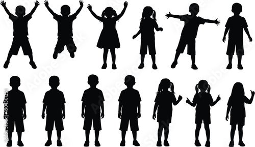 Children silhouettes set, kids standing jumping poses, playful gestures, childhood activity, happy figures, isolated, white background, collection