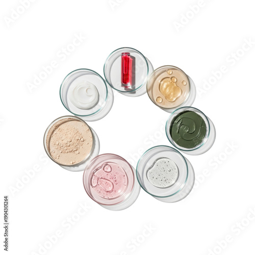 Cosmetic ingredients in petri dishes arranged in a circle