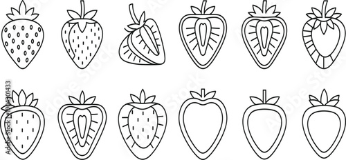 Strawberry Fruit Outline Vector Illustration Set with Whole and Cut Berries in Hand Drawn Line Art Style for Coloring and Design