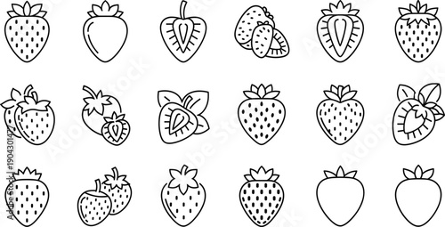 Strawberry Fruit Outline Vector Set with Whole and Sliced Berries in Simple Hand Drawn Line Art Style for Coloring Pages