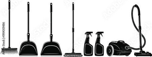 Cleaning tools set, broom, dustpan, mop, spray bottles, vacuum cleaner, household equipment, vector silhouette illustration design