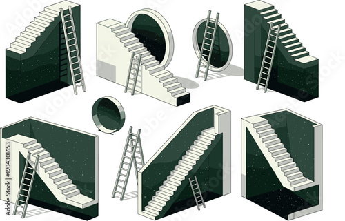 Surreal isometric architectural collection featuring stairs and ladders leading into starry night space voids isolated on white background.