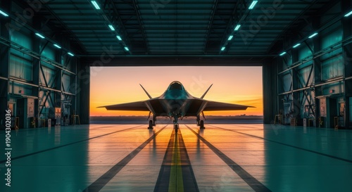 Stealth fighter jet in hangar at sunset with dramatic lighting and shadows spreads across the floor highlighting aerospace engineering