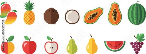 Tropical and Fresh Fruit Vector Illustration Set with Apples, Mangoes, Pineapple, Papaya, Coconut, Watermelon, Pears, and Grapes in Flat Style