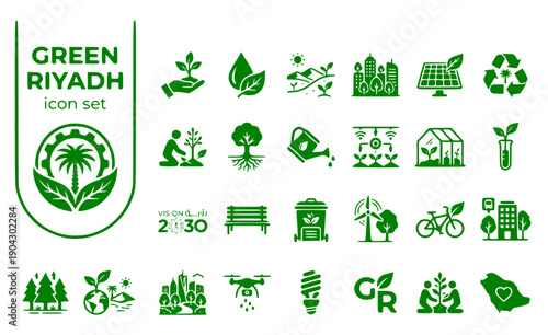 Green Riyadh Afforestation Desert-Greening Planting-Trees Urban-Forestry Saudi-Sustainability Environmental-Initiatives Vector Icon Set - Desert Trees