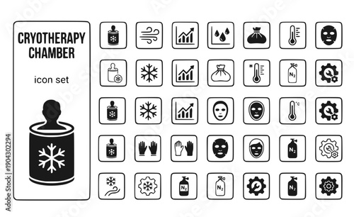 Cryotherapy Chamber Freezing-Tank Cold-Therapy Recovery-Treatment Wellness-Technology Biohacking-Equipment Head-Out Vector Icon Set - Cold Chamber