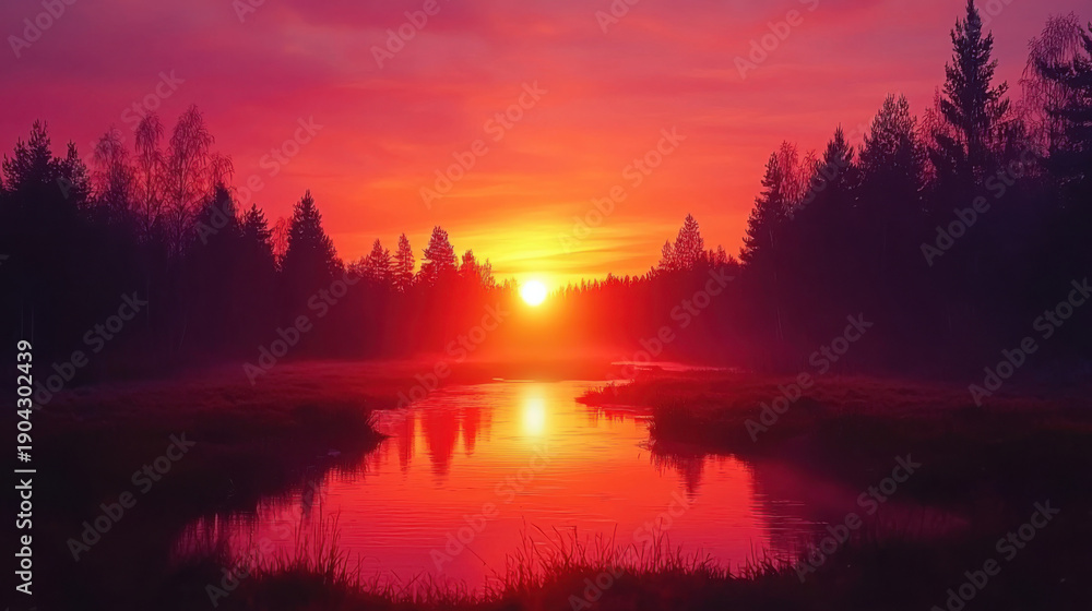 Fototapeta premium Stunning sunset over a tranquil river surrounded by lush forests
