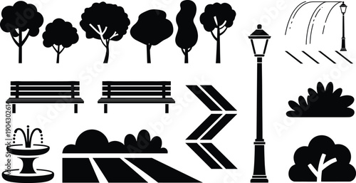 black white park elements icon set trees bench lamp fountain road arrows bushes silhouette flat vector illustration collection design,