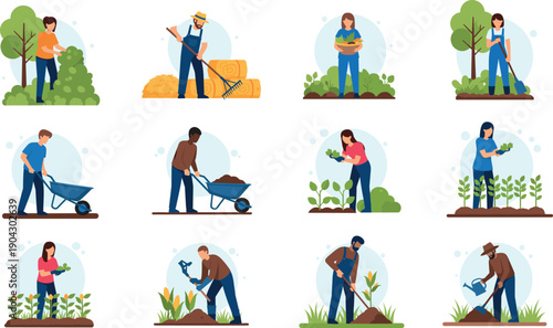 Collection of diverse farmers and gardeners performing agricultural tasks including harvesting planting watering and digging vector illustration set