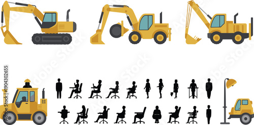 construction machinery and worker silhouette vector set with excavator loader forklift office people icons flat industrial illustration collection,