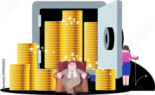 Illustration of social inequality with a wealthy man sitting by a safe full of gold coins and a poor crying woman