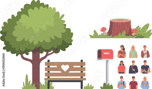 flat park lifestyle illustration tree bench mailbox people avatar nature outdoor cartoon vector icon set modern design collection,