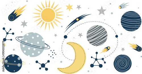 Cute space illustration set with sun moon planets comets stars and constellations in playful hand drawn flat style for kids astronomy and cosmic designs