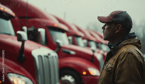 Trucking company manager standing outdoors beside a row of red semi-trucks, wearing a brown jacket and baseball cap, in a professional transportation environment