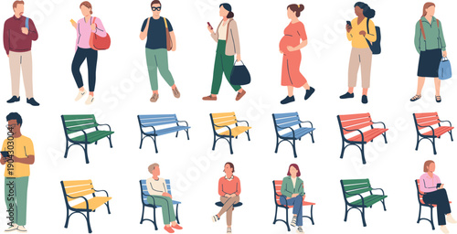 Flat people characters and colorful park bench icon set, urban lifestyle sitting walking smartphone vector illustration collection pack