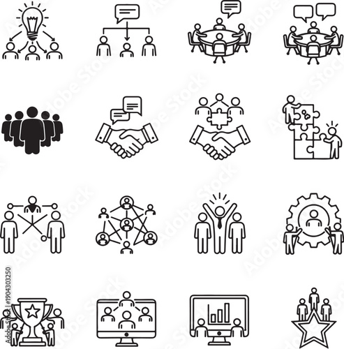 Comprehensive business teamwork and corporate leadership icon set featuring brainstorming ideas organizational hierarchy group collaboration puzzle solving handshake and trophy success symbols.