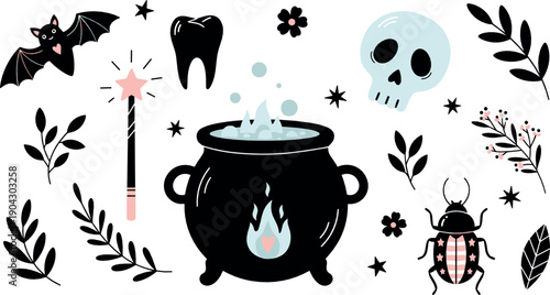 Cute spooky illustration set with witch cauldron skull bat magic wand beetle and botanical elements in playful flat style for Halloween and occult designs