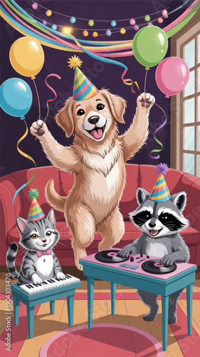 Dog and two small animals partying.