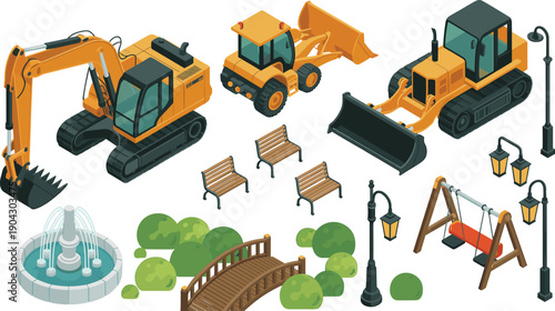 isometric construction vehicles and urban park furniture set excavator bulldozer loader fountain bench lamp playground vector illustration bundle design,