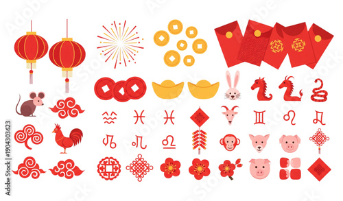 Chinese New Year flat illustration set with lanterns fireworks and lucky symbols