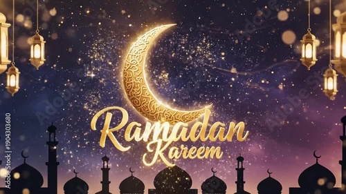 Ramadhan Kareem greeting. Crescent moon and mosque silhouette. Glowing lanterns. Starry night sky. Purple, blue, and pink gradient background. Ramadan Mubarak. Vector illustration.