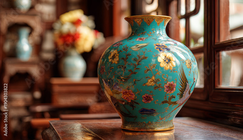 Turquoise ceramic vase with gold floral and crane motifs, smooth textured surface, traditional style, decorative home accent