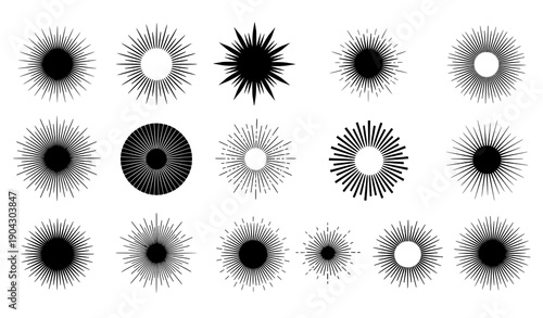 Retro sunburst vector design elements set with vintage radial sun rays