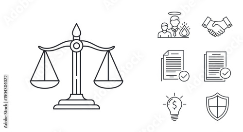 Legal and Business Icons Representing Justice and Agreement.