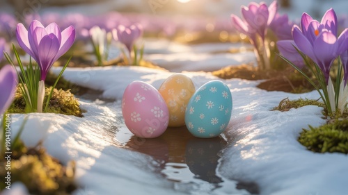 A vibrant spring scene featuring colorful easter eggs nestled amongst melting snow and crocuses high quality