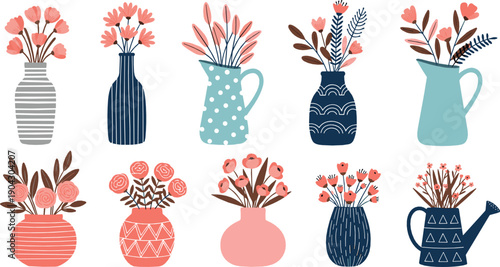 Decorative flower vase illustration set with modern floral arrangements in flat vector boho style for home decor, interior and lifestyle design