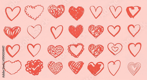 Collection of hand drawn hearts in various styles on pink background for love love symbol valentine's day romantic heart shapes