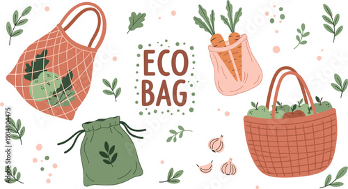 Eco bag illustration set with reusable shopping bags filled with vegetables promoting zero waste sustainable lifestyle and eco friendly grocery habits in warm flat style