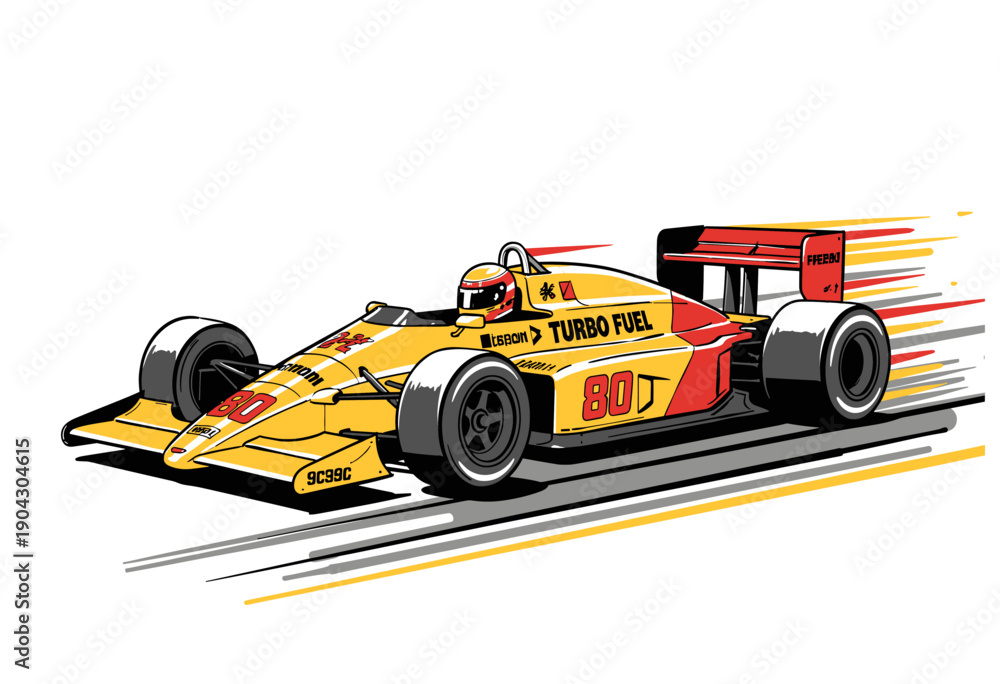 Fototapeta premium Formula one racing car illustration. Sport car print design for apparel. Road speed graphic print. Turbo fuel motorsport artwork. Extreme racing fast