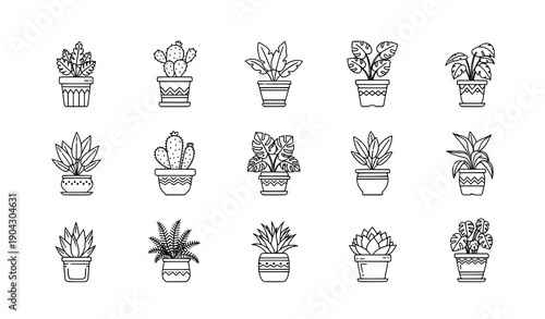Minimal linear pot plant outline icons for blogs and infographics