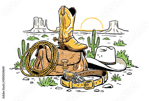 Cowboy western vintage artwork design. Wild west rodeo illustration drawing. Desert landscape with buttes. Cowboy boot and hat accessories. Old wester