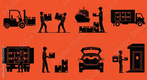 Logistics and delivery services icons with vehicles and people.