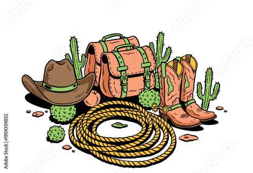 Western cowboy adventure set design. Wild west accessories vintage artwork. Cowboy boots hat and rope graphic. Desert travel gear illustration. For t