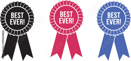 Set of Best Ever Rosette Ribbons in Black Pink and Blue, Vector Award Medals for First Place Achievement Quality Certification and Winning Recognition