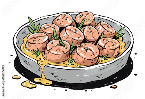 Scallops seafood dish illustration. Restaurant menu artwork design. Seared scallops in butter sauce. Hand drawn sketch style food. Seafood artwork for