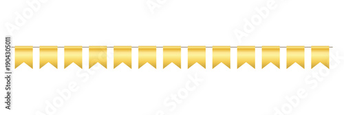 Golden flag party bunting border. Gold festive garland seamless line. Birthday party bunting. Yellow flag ribbon chain. Design element. Vector illustration isolated on white background.